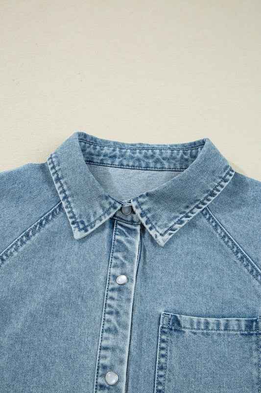Denim Smocked Cuffs Shirt Mini Dress