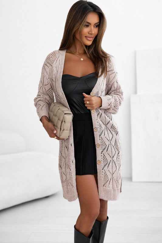 Solid Openwork Knit Button-Up Cardigan