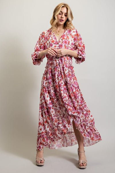 BOHEMIAN FLORAL HIGH AND LOW MAXI DRESS - Pikemla