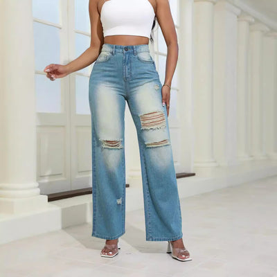 High Waist Ripped Jeans With Pockets Comfortable Slim Fit Trousers Straight Wide-leg Pants Women's Clothing