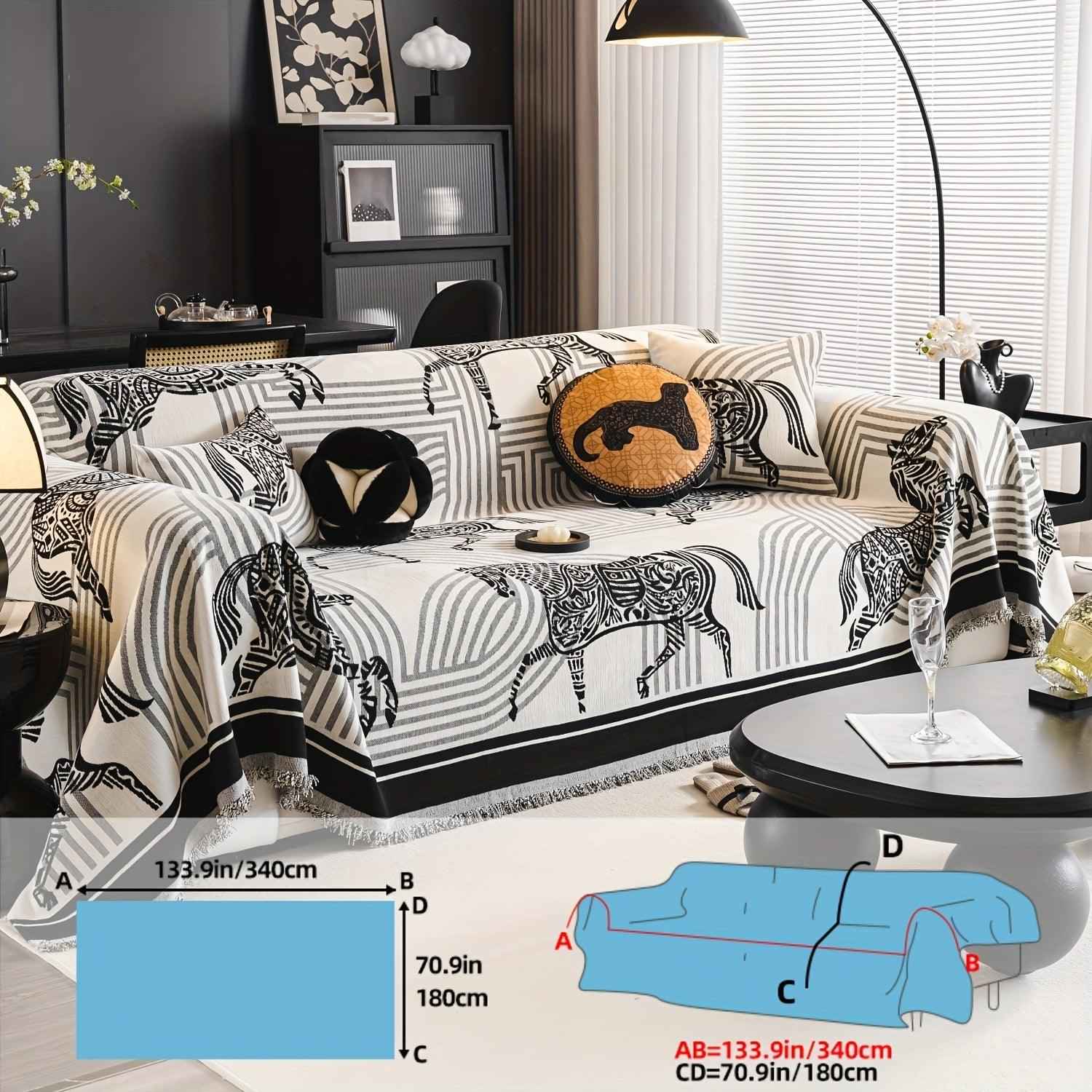 Luxurious Chenille Horse Design Sofa Cover Decor in Orange & Green