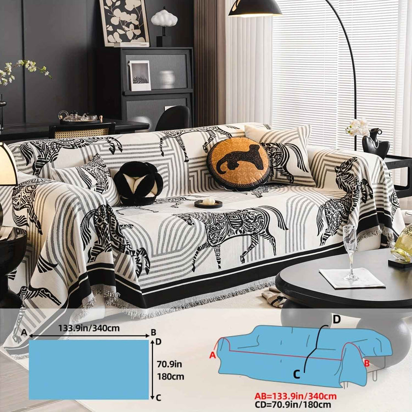 Luxurious Chenille Horse Design Sofa Cover Decor in Orange & Green