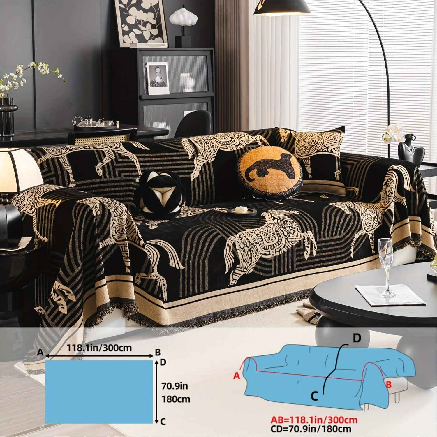 Luxurious Chenille Horse Design Sofa Cover Decor in Orange & Green