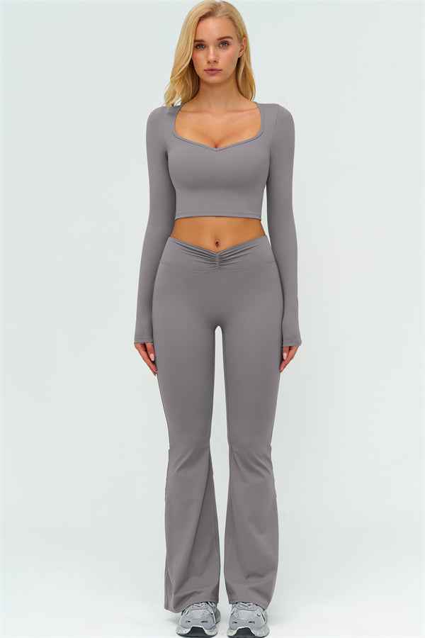 The Lushness Long Sleeve Crop Top Flared Leggings 2-Piece Set