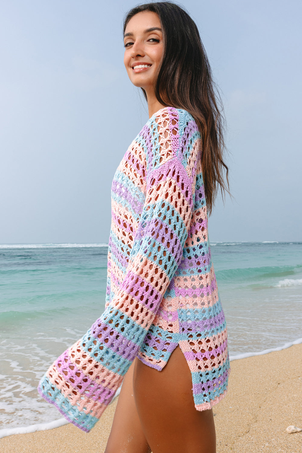 Carrot Multi Stripe Open Knit Sweater Beach Cover Up - Pikemla