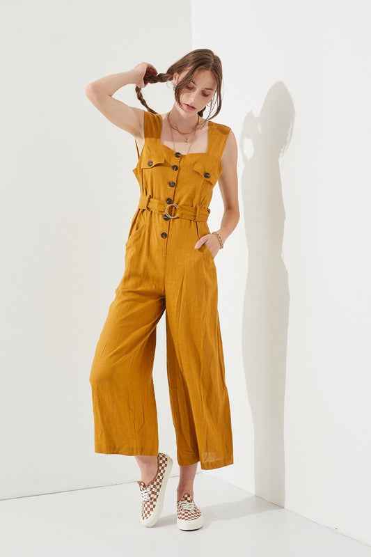 SLEEVELESS SQUARE NECK BUTTON ANKLE JUMPSUIT -Plus Sized - Pikemla