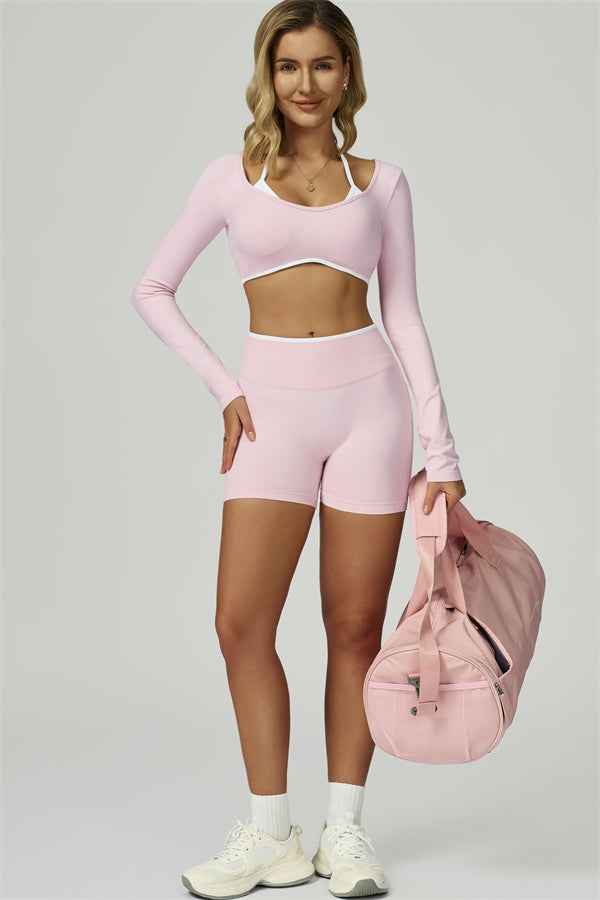 The Prime Line Long Sleeve Crop Top Shorts 2-Piece Set