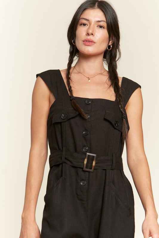 SLEEVELESS SQUARE NECK BUTTON ANKLE JUMPSUIT -Plus Sized - Pikemla