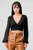 Luxe Lace Sequin Crop Top with Sheer Long Sleeves – Black or White
