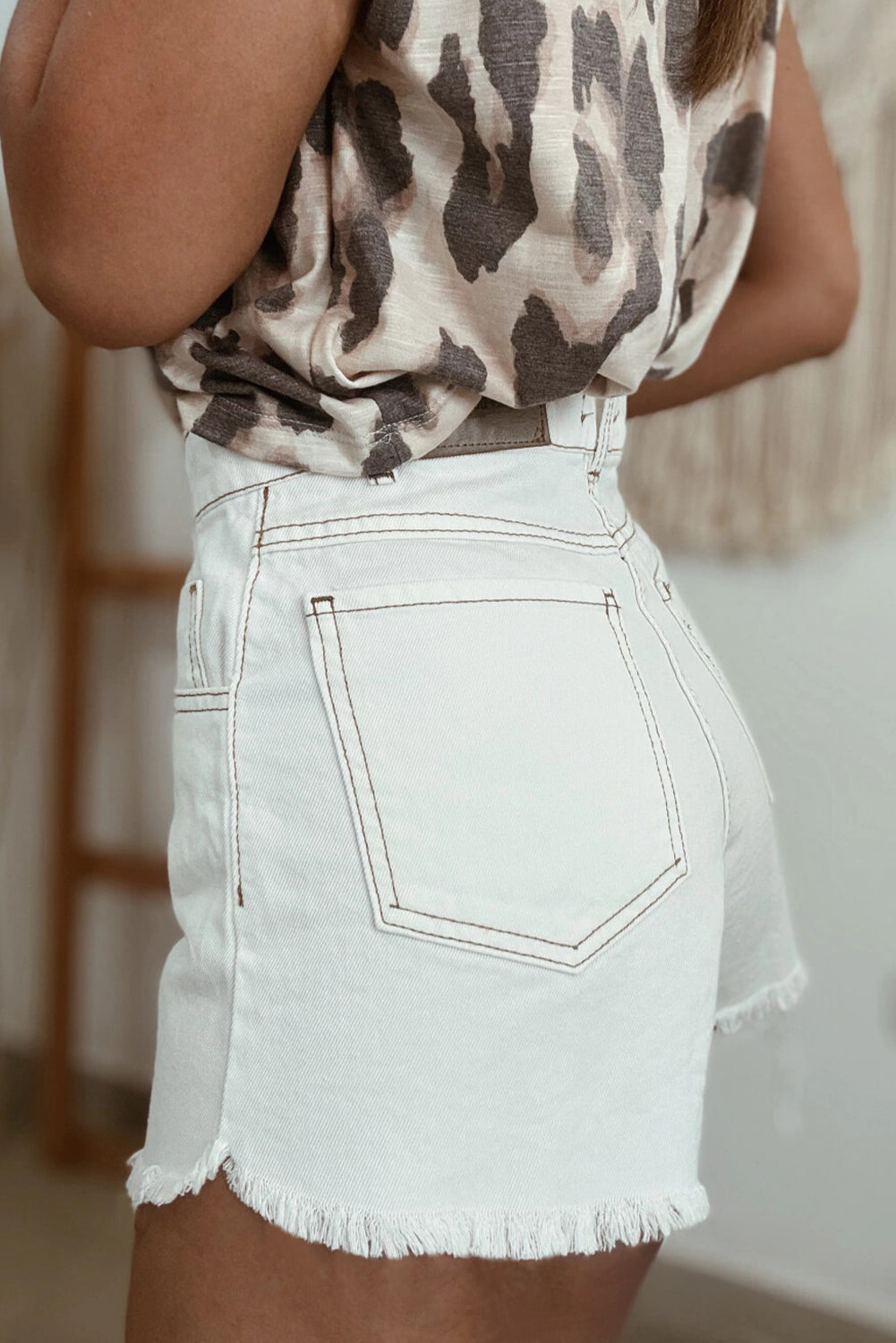 White Raw Hem High Waist Denim Shorts - Pikemla