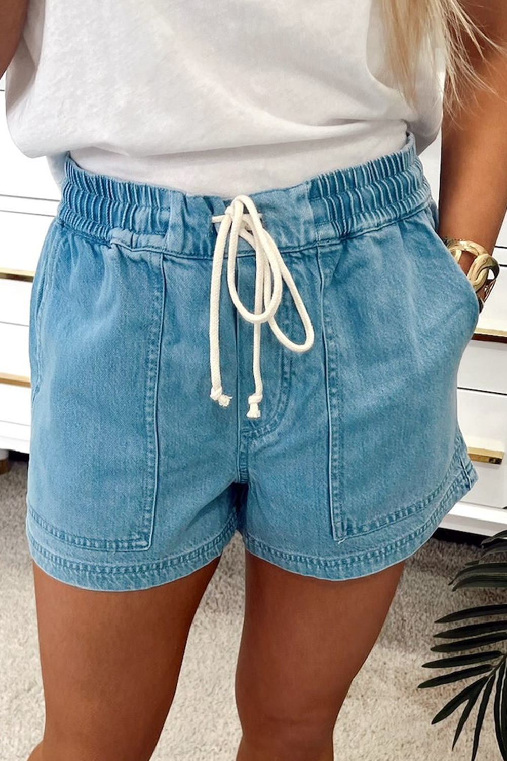 Beau Blue Contrast Drawstring Elastic Waist Denim Shorts - Pikemla