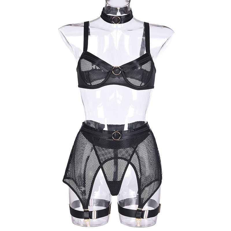 Provocative Elegance Four-Piece Mesh and Metal Stitching Lingerie Set