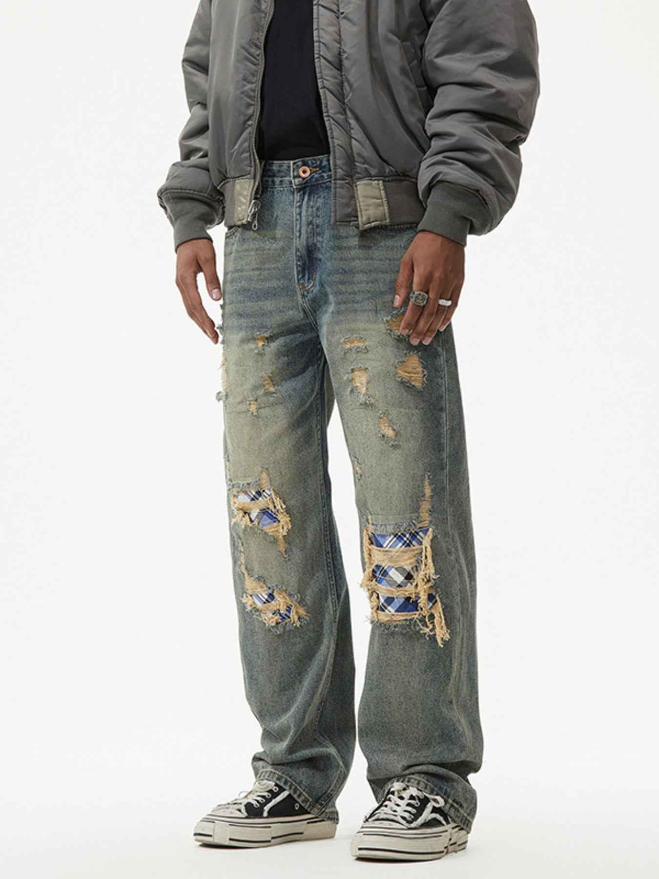 Men's Distressed Plaid Patch Wide Leg Jeans
