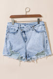Light Blue Acid Wash Crossed Raw Edge Denim Shorts - Pikemla