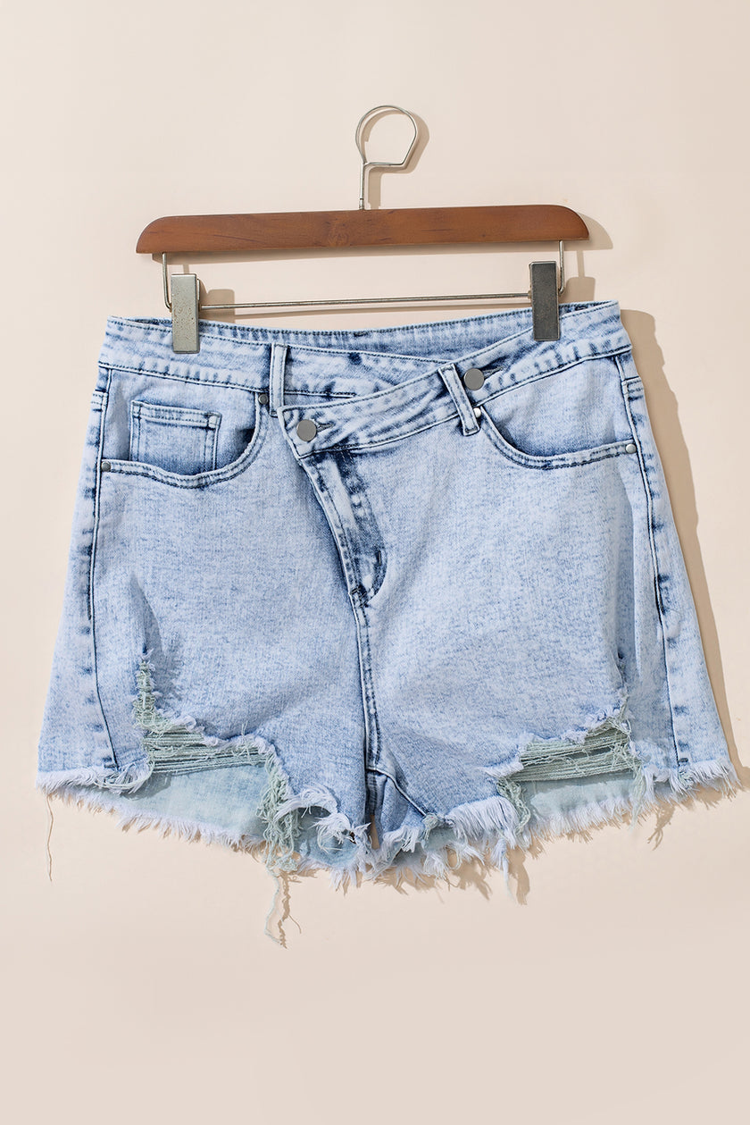 Light Blue Acid Wash Crossed Raw Edge Denim Shorts - Pikemla