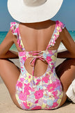 Blue Floral Ruffle Trim V Neck Lace-up Back Tummy Control One Piece Swimsuit - Pikemla