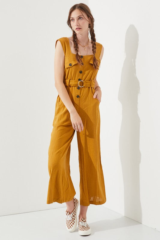SLEEVELESS SQUARE NECK BUTTON DOWN ANKLE JUMPSUIT - Pikemla