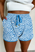 White Leopard Elastic Waist Lace up Contrast Trim Casual Shorts - Pikemla