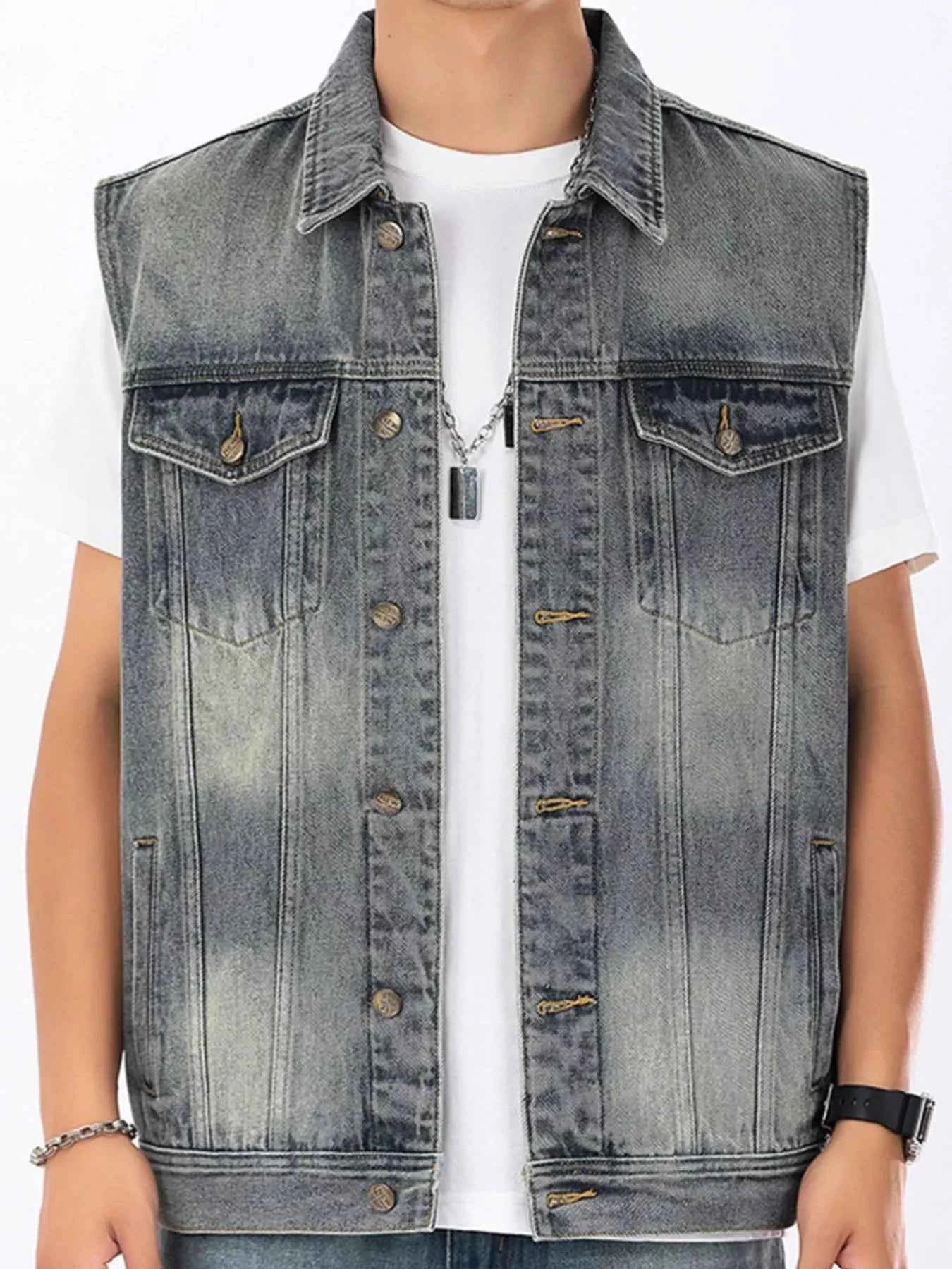 Men's Plus Size Vintage Washed Sleeveless Denim Vest