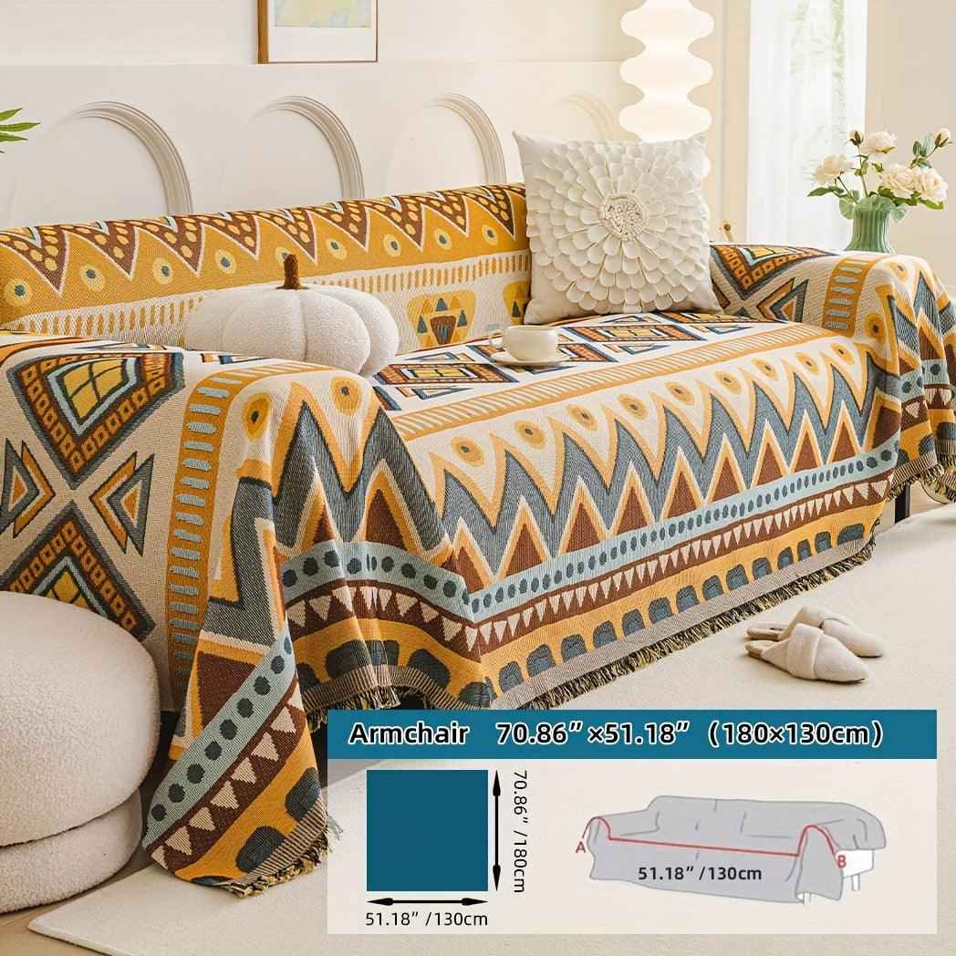 Boho Chic Double-sided Chenille Sofa Cover with Tassels - All-Season