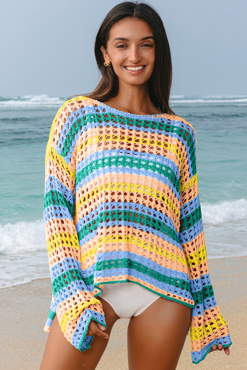 Carrot Multi Stripe Open Knit Sweater Beach Cover Up - Pikemla