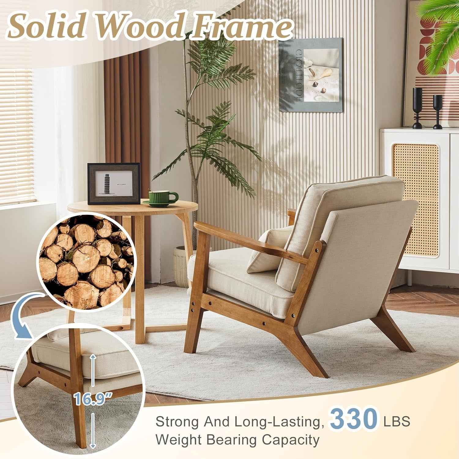 Beige Linen Upholstered Armchair SetOf2 Mid Century
