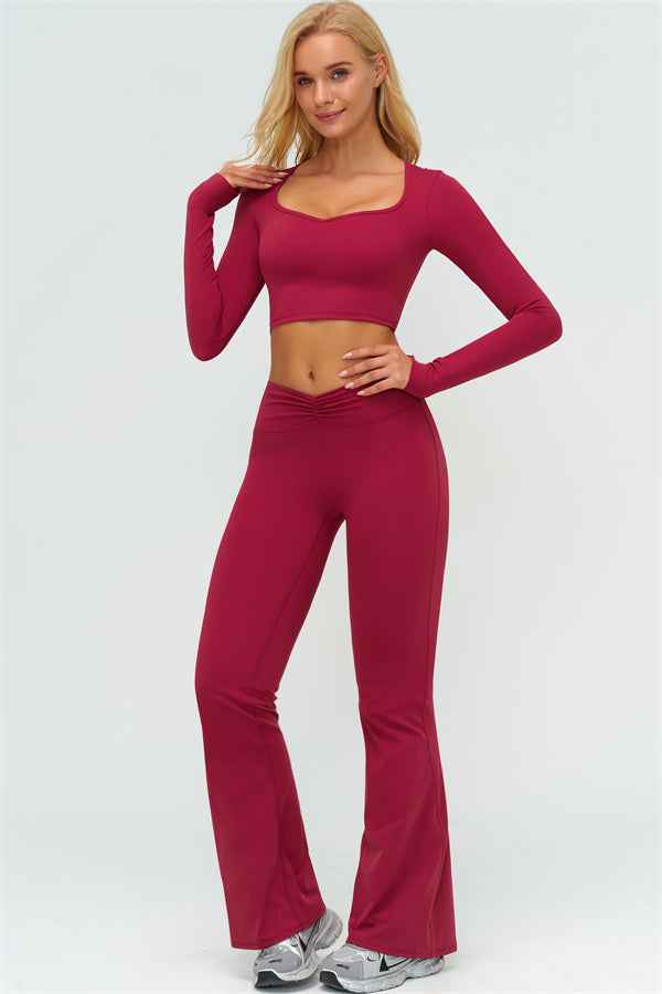 The Lushness Long Sleeve Crop Top Flared Leggings 2-Piece Set