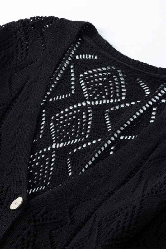 Solid Openwork Knit Button-Up Cardigan