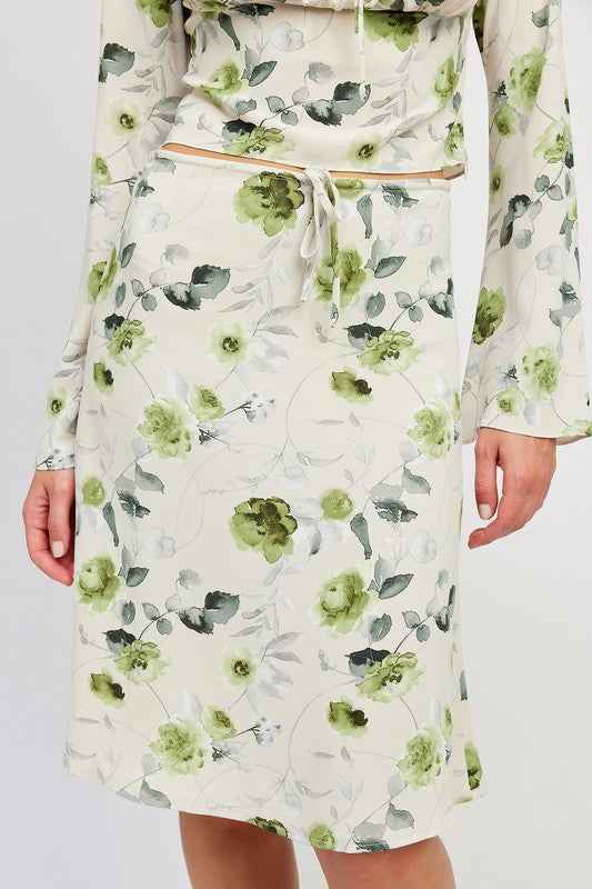 Emory Park floral midi skirt with drawstring in soft fabric featuring a green floral pattern