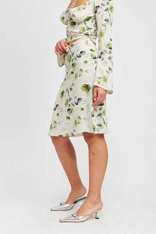 Emory Park floral midi skirt with drawstring featuring a flowy design and green floral patterns