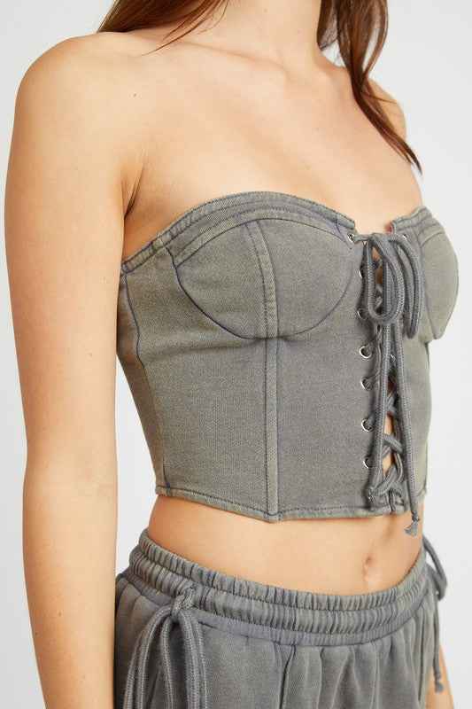 Gray Emory Park French Terry Strapless Bustier Top with Lace-Up Front Design