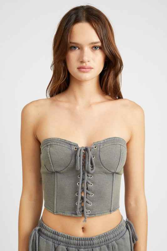 Emory Park French Terry Strapless Bustier Top in Gray with Front Lace-Up Detail