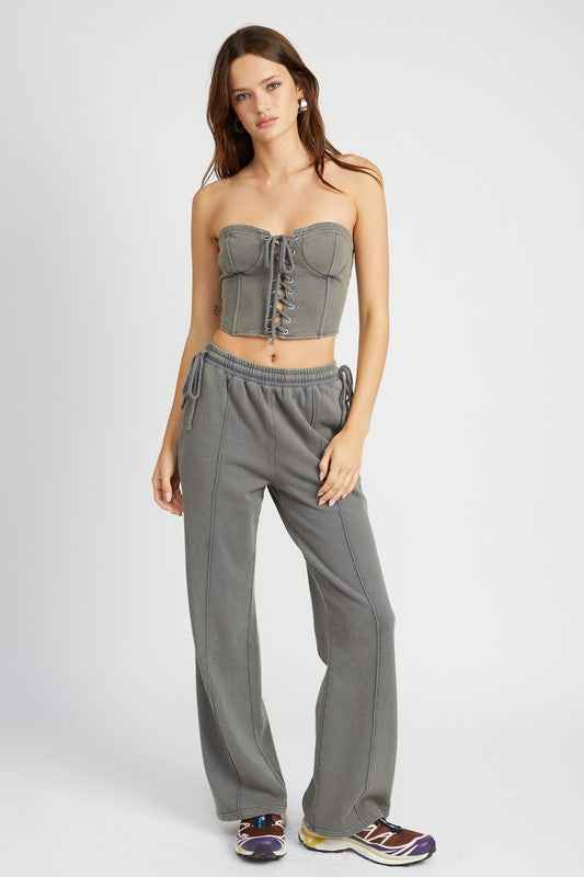 Emory Park French terry strapless bustier top in grey with lace-up front for a stylish look