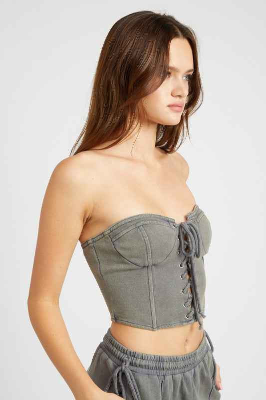 Gray Emory Park French Terry Strapless Bustier Top with Lace-Up Front Detail