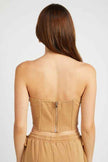 Back view of Emory Park french terry strapless bustier top with a zipper closure
