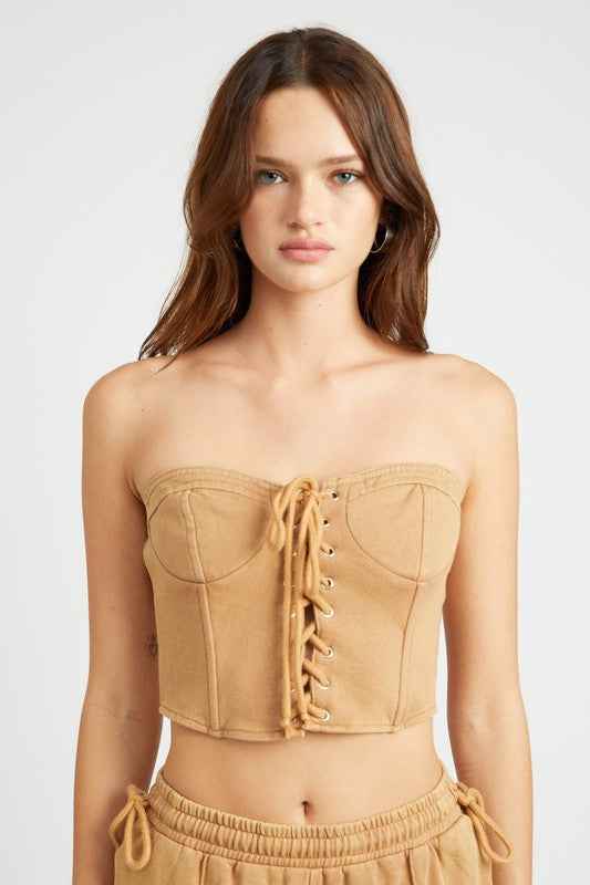 Emory Park French Terry Strapless Bustier Top in Tan with Lace-Up Front Design
