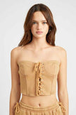 Emory Park French Terry Strapless Bustier Top in Tan with Lace-Up Front Design