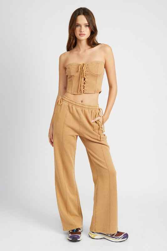 Emory Park French Terry Strapless Bustier Top in Beige with Button Details and Adjustable Tie Front