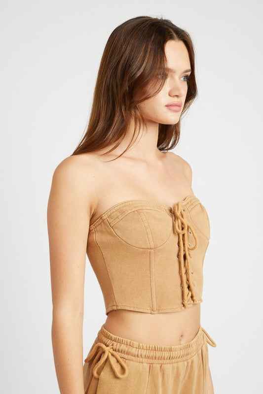 Emory Park French Terry Strapless Bustier Top in Tan with Lace-Up Front and Fitted Design