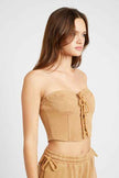 Emory Park French Terry Strapless Bustier Top in Tan with Lace-Up Front and Fitted Design