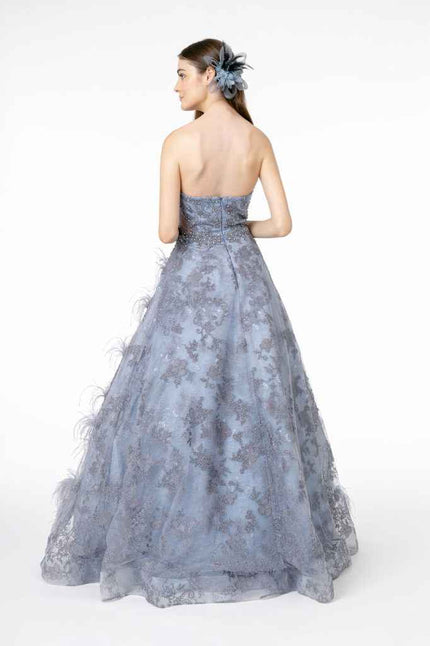 Feather Embellished Embroidered Sweetheart Mesh/Lace Long Dress
