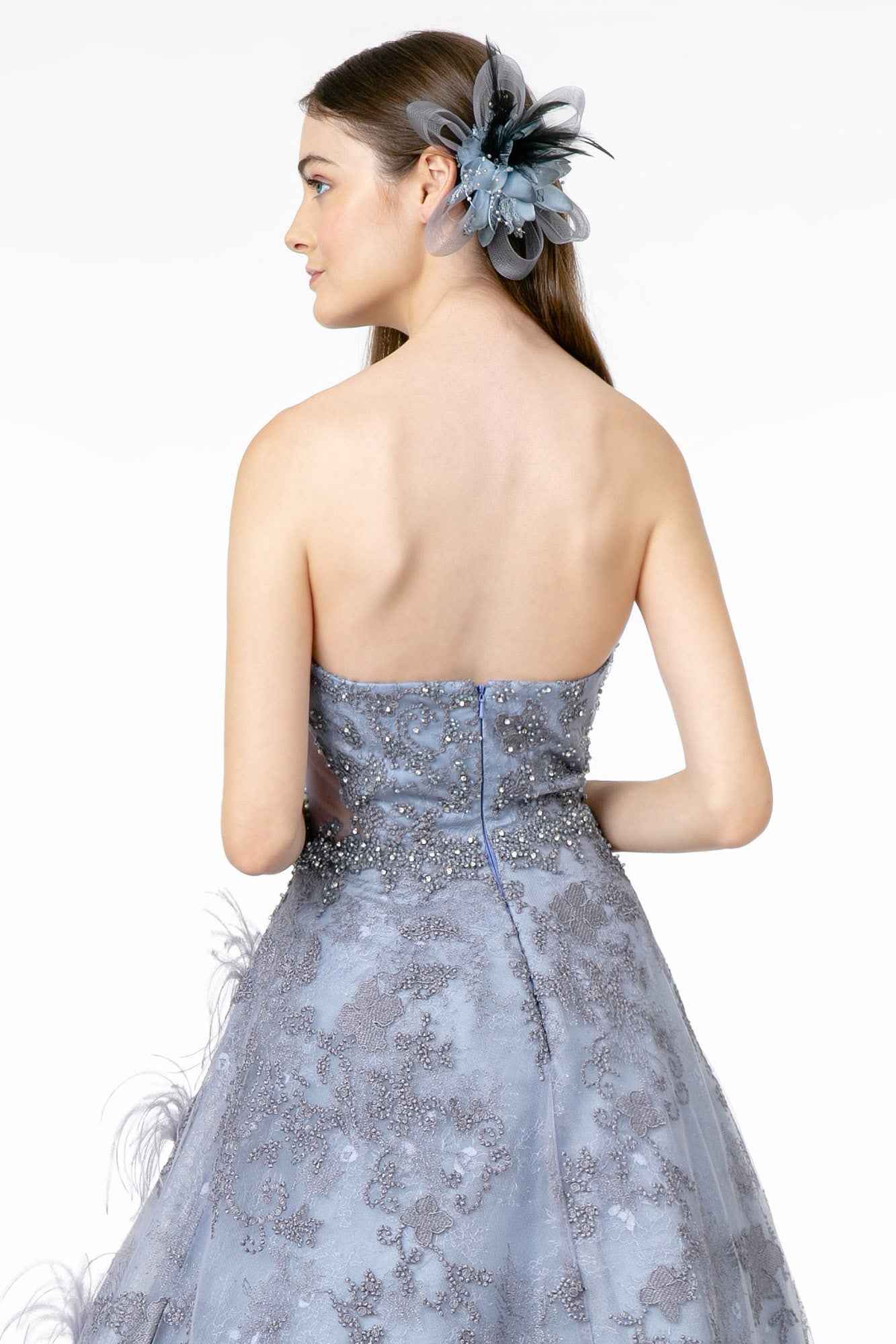 Feather Embellished Embroidered Sweetheart Mesh/Lace Long Dress