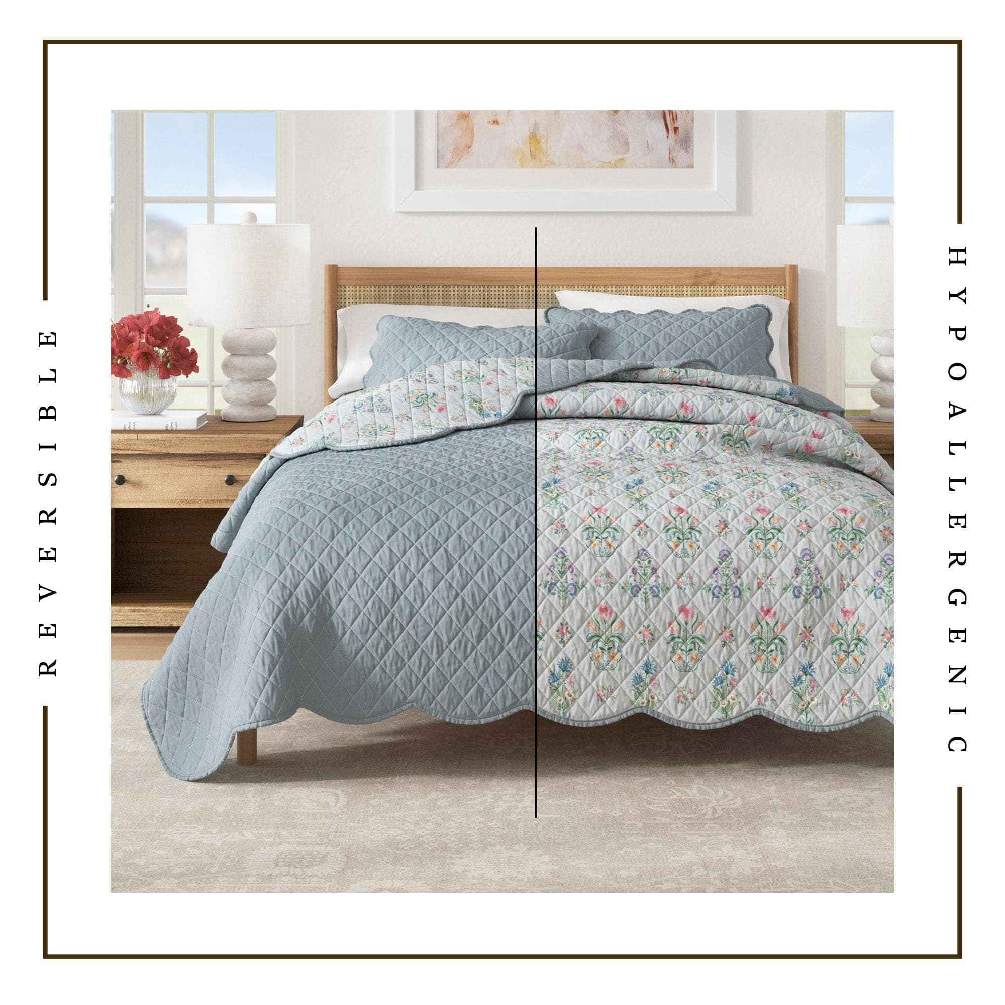 Floral Print & Scallopeded Edge Cotton Quilt Set - Katrin Collection