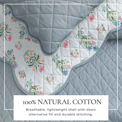 Floral Print & Scallopeded Edge Cotton Quilt Set - Katrin Collection