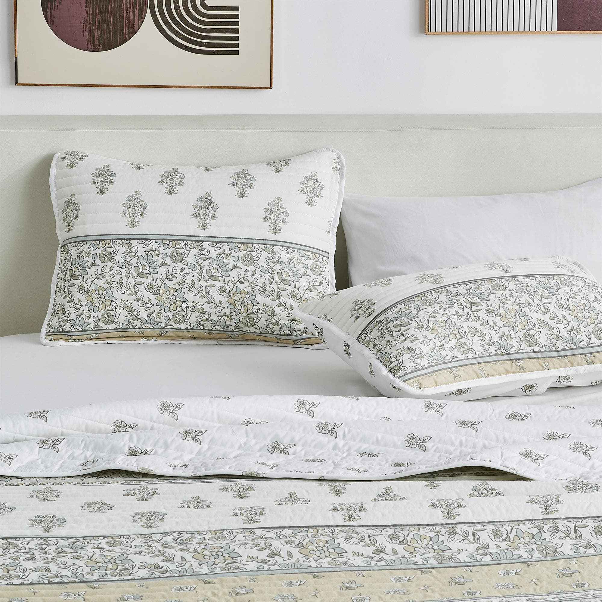 Floral Striped Microfiber Quilt Set - Hermine Collection