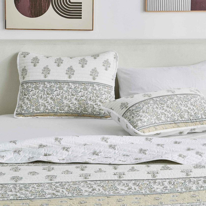 Floral Striped Microfiber Quilt Set - Hermine Collection