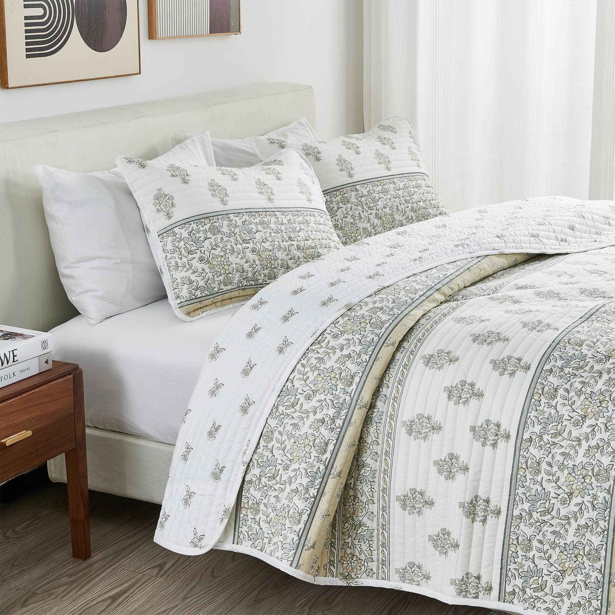 Floral Striped Microfiber Quilt Set - Hermine Collection