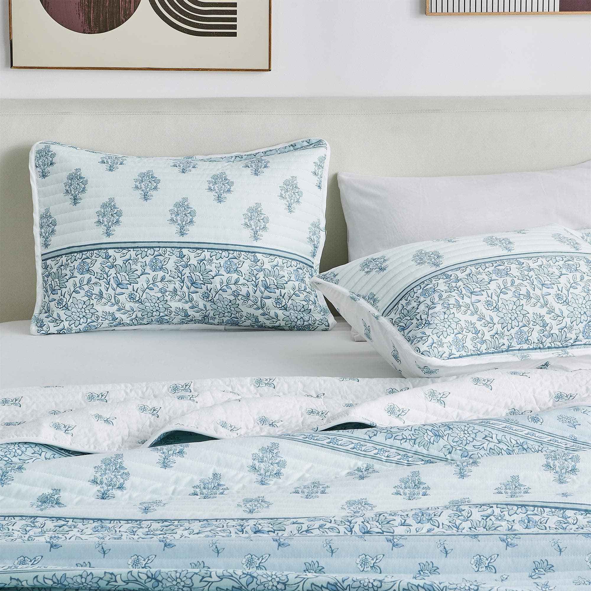 Floral Striped Microfiber Quilt Set - Hermine Collection