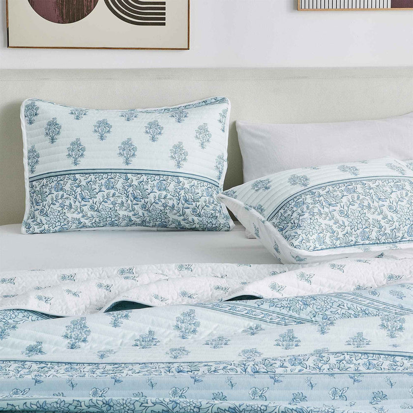 Floral Striped Microfiber Quilt Set - Hermine Collection