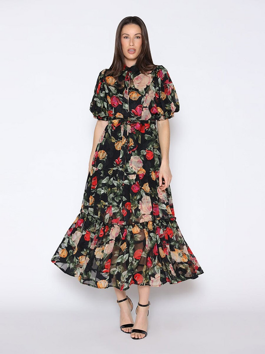 Floral Print Puff Sleeve Maxi Tie Belt Dress Gracia D36659
